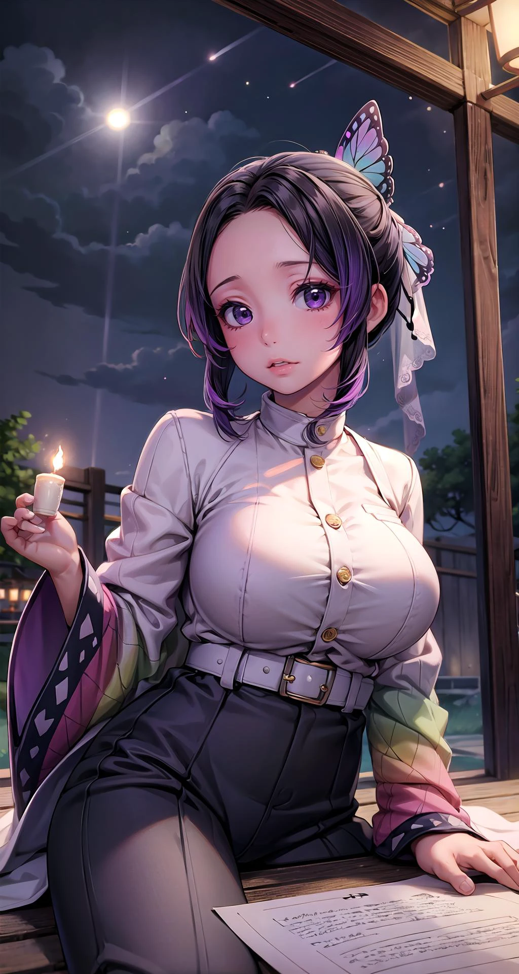 (masterpiece),(intricate details),1girl,mature female,shiny_skin,huge breasts
BREAK
<lora:kochou_shinobu_v1.2:0.7>,kochou shinobu, butterfly hair ornament, purple eyes, multicolored hair, short hair, parted bangs, forehead, haori, wide sleeves, long sleeves, black pants, black jacket, belt,Folded Socks,converse,depth of field,looking at viewer,((reclining on the Wedding venue: Bride, groom, ceremony, reception, celebration)),((upper body)),
BREAK
moon,night,meteor,hanabi,((cumulonimbus)),from below:1.3,<lora:more_details:0.3>