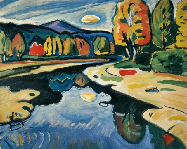 <lora:kandinsky_v1:0.7>,sky, day, cloud, water, from behind, from side, tree, no humans, bird, traditional media, moon, grass, plant, nature, scenery, 1other, floating, forest, reflection, flying, rock, mountain, painting (medium), watercolor (medium), wide shot, ripples, river, landscape, ambiguous gender, lake, abstract, faux traditional media, Kandinsky
