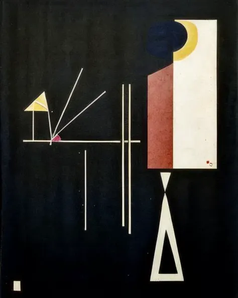 <lora:kandinsky_v1:0.7>, gradient, gradient background, no humans, profile, bird, traditional media, border, crescent, black background, floating, ghost, sign, arrow (symbol), black border, crescent moon, road sign, surreal, abstract, triangle, color guide, grey border, cursor, Kandinsky
