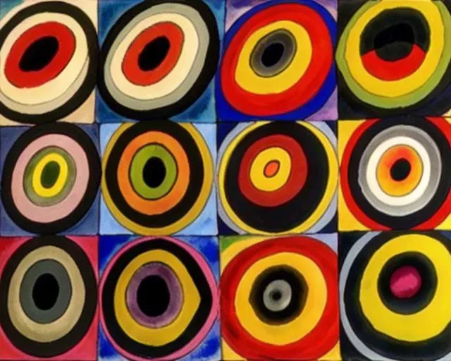 <lora:kandinsky_v1:0.7>, red eyes, yellow eyes, upper body, black eyes, no humans, glowing, glowing eyes, close-up, colored sclera, alternate color, one-eyed, multicolored background, yellow sclera, colorful, abstract, abstract background, column lineup, eye focus, umbreon, Kandinsky