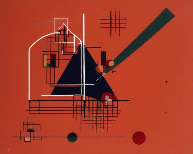 <lora:kandinsky_v1:0.7>, no humans, window, parody, cover, robot, building, red background, text focus, fence, door, arrow (projectile), arrow (symbol), logo, limited palette, halftone, house, red theme, flat color, circle, surreal, abstract, still life, triangle, Kandinsky