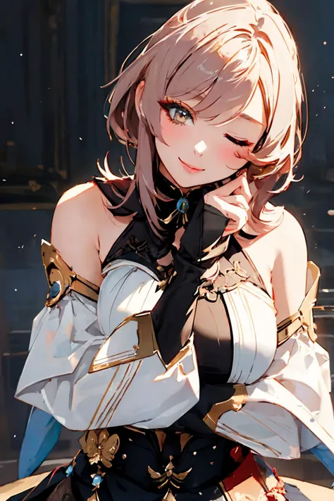 date, <lora:leftwink_v120:1> one eye closed, wink, beautiful lighting, <lora:genshinfull1:1>,head tilt, hands under chin, (masterpiece, best quality)