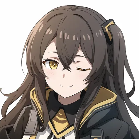 masterpiece, 1girl, close-up, <lora:Girls' Frontline--ump45-og:0.8> ump45 \(girls' frontline\), yellow eyes, (hooded jacket:0.5), black ribbon, smile, <lora:leftwink_v120:1> one eye closed, wink, hair between eyes, asymmetrical hair,