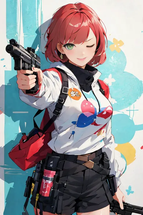 1girl, aiming at viewer,pistol, <lora:leftwink_v120:1> one eye closed, wink, (masterpiece, best quality)
