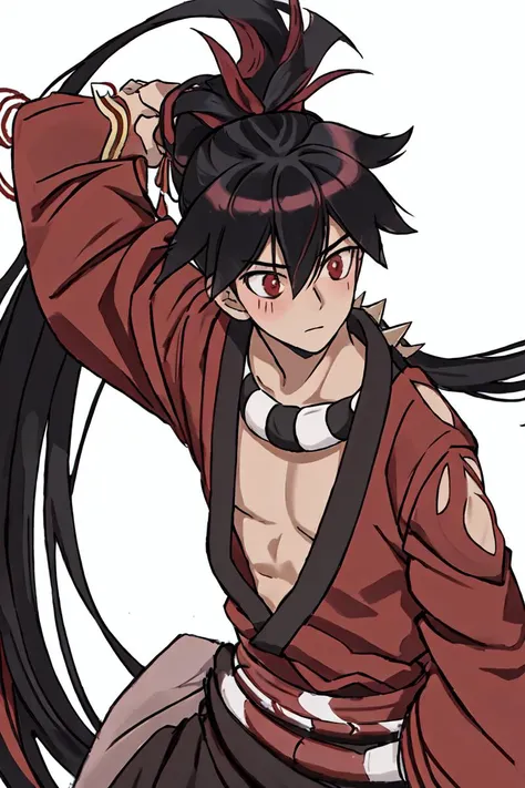 yasuri_shichika, 1boy, male, stripe bead necklace, black hair, (spiked hair:1.1), ponytail, very long hair, red clothes, red open clothes, simple kimono, hakama,  <lora:thickline_fp16:0.8> <lora:Yasuri Shichika:1>