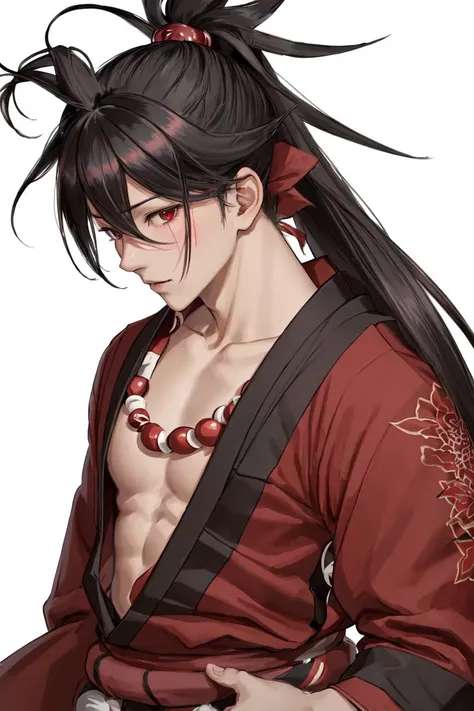 highres, sharp focus, pixiv masterpiece, ((intricate details)), highly detailed, yasuri_shichika, 1boy, male, stripe bead necklace, black hair, (spiked hair:1.1), ponytail, very long hair, red clothes, red open clothes, simple kimono, hakama <lora:Yasuri Shichika:0.8>