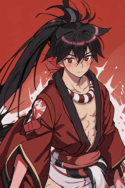 yasuri_shichika, 1boy, male, stripe bead necklace, black hair, (spiked hair:1.1), ponytail, very long hair, red clothes, red open clothes, simple kimono, hakama,  <lora:thickline_fp16:0.8> <lora:Yasuri Shichika:1>