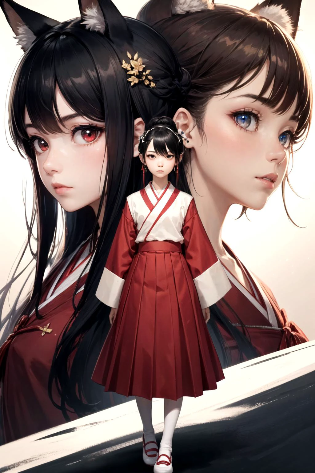 (detailed face and eyes:1.3),
<lora:naenarachan:1>,naenarachan,1girl,solo,red eyes, black hair,single hair bun,(hair stick:1.4),hair pin,long hair,hair ornament,fox ears, fox tail,red tail,korean clothes, red shirt,blue skirt,pleated skirt, long sleeves,hanbok,white bow,red footwear, serafuku,
Ultra-detail,(highres:1.1),best quality,(masterpiece:1.3),cinematic lighting, Arms crossed behind the back pose:1.4,. .:1.2