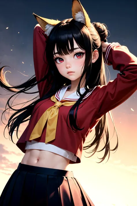 (detailed face and eyes:1.3),
<lora:naenarachan:1>,naenarachan,1girl,solo,red eyes, black hair,single hair bun,(hair stick:1.4),hair pin,long hair,hair ornament,fox ears, fox tail,red tail,korean clothes, red shirt,blue skirt,pleated skirt,  long sleeves,hanbok,white bow,red footwear, serafuku,
Ultra-detail,(highres:1.1),best quality,(masterpiece:1.3),cinematic lighting, Arms above head pose:1.4,^o^:1.2