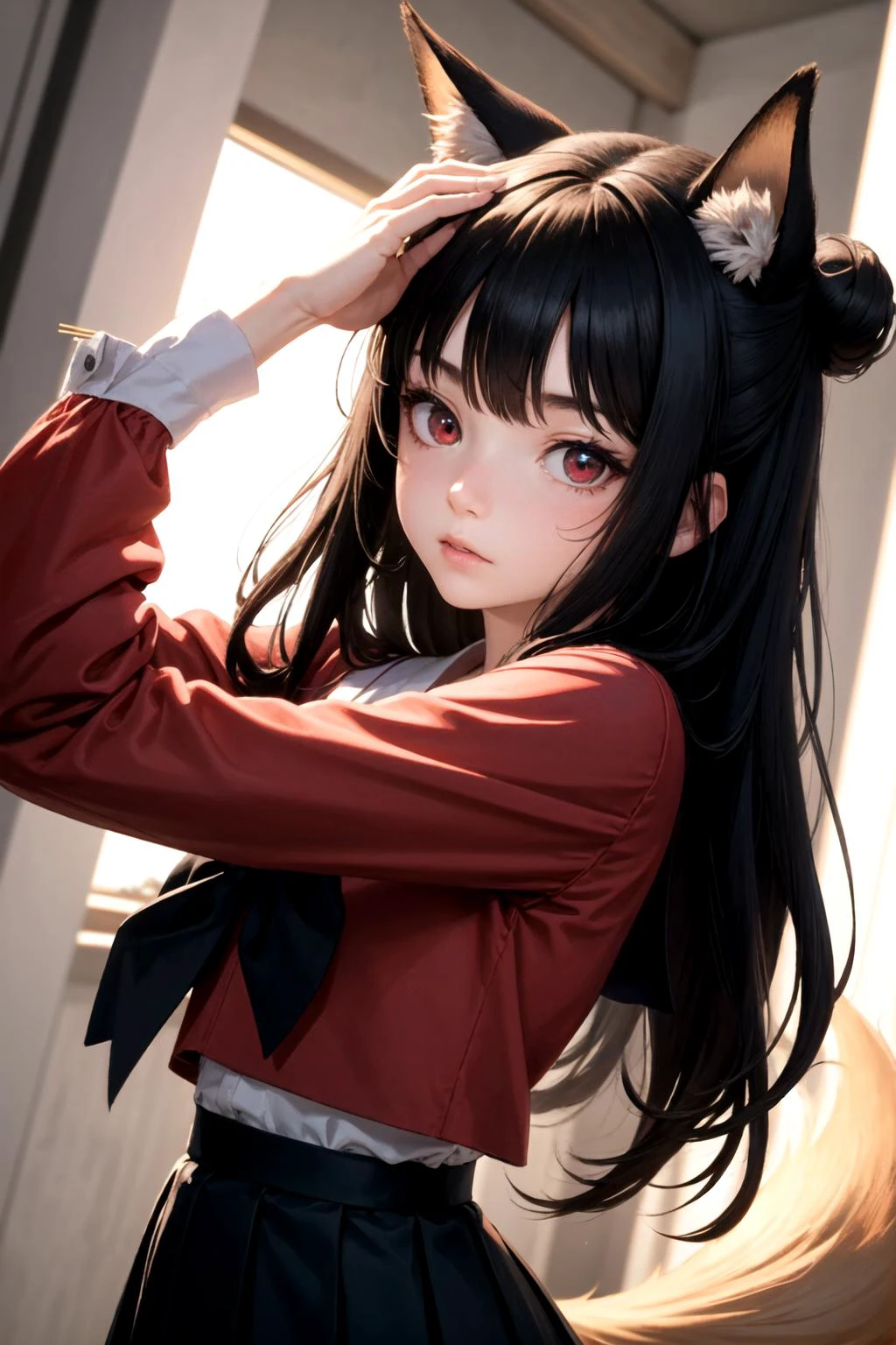 (detailed face and eyes:1.3),
<lora:naenarachan:1>,naenarachan,1girl,solo,red eyes, black hair,single hair bun,(hair stick:1.4),hair pin,long hair,hair ornament,fox ears, fox tail,red tail,korean clothes, red shirt,blue skirt,pleated skirt, long sleeves,hanbok,white bow,red footwear, serafuku,
Ultra-detail,(highres:1.1),best quality,(masterpiece:1.3),cinematic lighting, Arms above head pose:1.4,| |