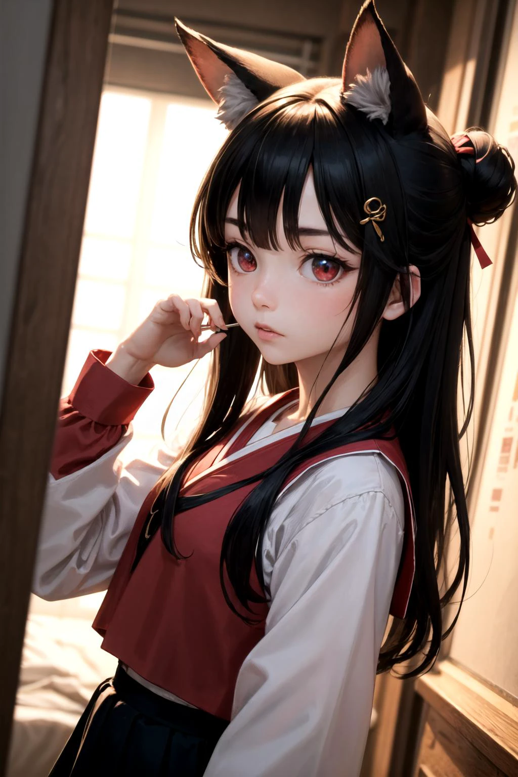 cowboy shot,(detailed face and eyes:1.3),
<lora:naenarachan:1>,naenarachan,1girl,solo,red eyes, black hair,single hair bun,(hair stick:1.4),hair pin,long hair,hair ornament,fox ears, fox tail,red tail,korean clothes, red shirt,blue skirt,pleated skirt, long sleeves,hanbok,white bow,red footwear, serafuku,
Ultra-detail,(highres:1.1),best quality,(masterpiece:1.3),cinematic lighting,