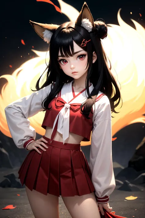 (detailed face and eyes:1.3),
<lora:naenarachan:1>,naenarachan,1girl,solo,red eyes, black hair,single hair bun,(hair stick:1.4),hair pin,long hair,hair ornament,fox ears, fox tail,red tail,korean clothes, red shirt,blue skirt,pleated skirt,  long sleeves,hanbok,white bow,red footwear, serafuku,
Ultra-detail,(highres:1.1),best quality,(masterpiece:1.3),cinematic lighting, One hand on hip pose:1.4,O o:1.2