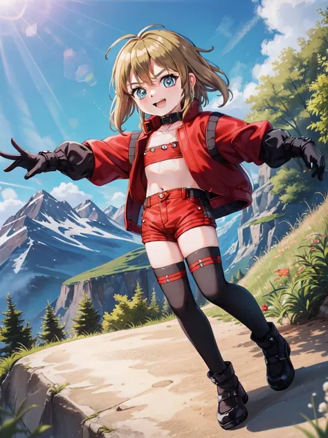 (((picture-perfect))) (toddler-sized child, alps in background, nature, 1girl, solo, full body) (((overinsanely delighted loveliness overload))) (naomi armitage, red jacket, cropped jacket, red shorts, thighhighs, gloves, choker, jewelry, earrings <lora:armitageiii_naomiarmitage-11:1>)