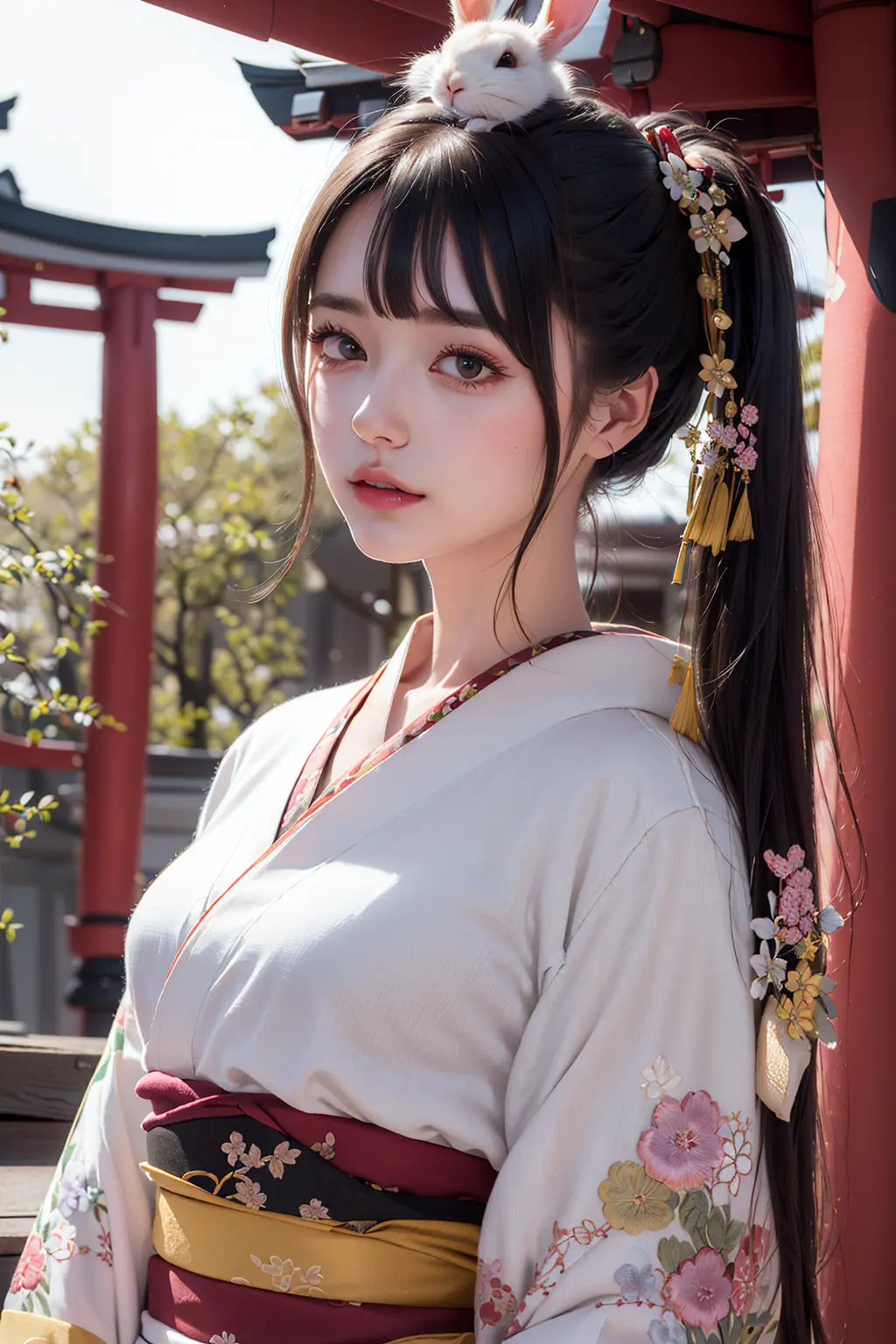 1girls standing,(rabbit on head,many rabbits,oversized animal:1.2),(embroidery multi color kimono,japanese clothes,beautiful intricate,happy new year,Shinto shrine:1.3),grin, Black long hair,hair ornament,hair flower, Black long hair with side ponytail, short hair, medium hair, disheveled hair, small , dot nose, side blunt bangs, hairs between eyes, (side lighting,perfect lighting,light leak),dynamic angle,(very wide shot,:1.2), (extremely detailed CG:1.2),(8k wallpaper:1.2),(masterpiece:1.2),
 (realistic:1.3),depth of field,(eyeliner:0.5),(blush:0.5),upper body,
(ambient light:0.8),close up, looking at viewer,(cinematic composition:1.2)