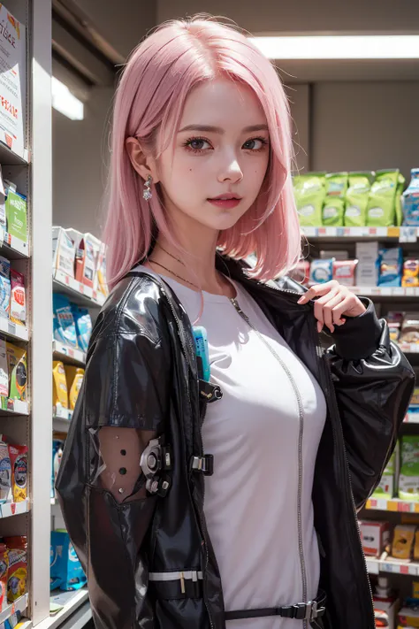 realistic, masterpiece, highest quality,
1girl, short hair, (pink hair), (rim light), medium breast, ((cyberpunk clothes, futuristic, transparent PVC jacket, cyberpunk setting, cinematic, in a convenience store:1.1)), ((look at the viewer)), Intricate, High Detail, dramatic, realism, beautiful and detailed lighting, shadows, (high detailed skin:1.2), 8k uhd, dslr, soft lighting, high quality, film grain, Fujifilm XT3, upper body, backpack, grin, earring,
