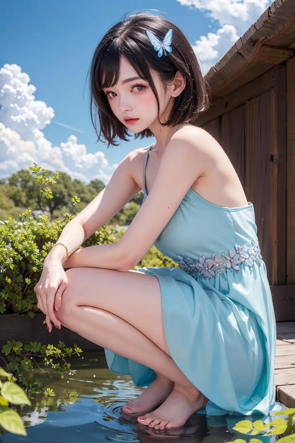 masterpiece, best quality,
1girl, black hair, blush, butterfly, hair ornament, dress, bare feet, flower, hair ornament, medium breasts, leaf, plant, puddle, purple eyes, short hair, squatting, toes, water, wet clothes, blue fashion dress ,
cloud, cloudy sky, building, blue sky, depth of field,