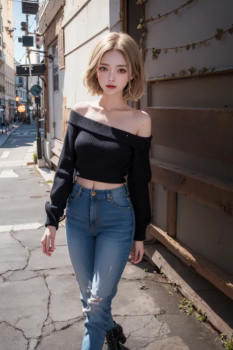 (best quality, masterpiece:1.2), photorealistic,(cinematic composition:1.3), ultra high res, cinematic lighting, ambient lighting, side lighting, Exquisite details and textures, 1girl, full body, smile, blonde hair, short hair, hair between eyes, look at viewer, standing, detailed face, small breasts, off-shoulder sweater,(jeans),High heeled boots, high heel, (street), detailed background, depth of field, professional lighting, photon mapping, radiosity, physically-based rendering, fashion girl