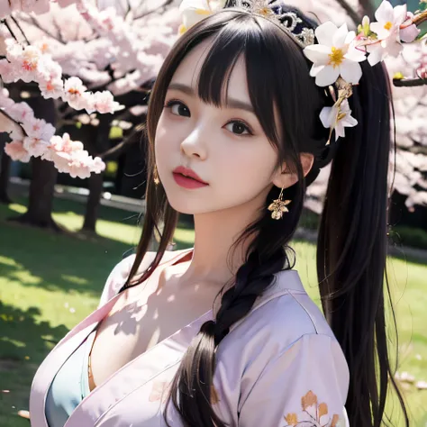 ((best quality)),((masterpiece)),((realistic)),(detailed), 1girls standing, (background Sakura trees:1.33) ,(crown on head), (pink embroidery kimono, beautiful intricate),grin, white long hair, hair ornament, hair flower, Black long hair with side ponytail, jewelries on hairs, side blunt bangs, hairs between eyes, (side lighting, perfect lighting, light leak),dynamic angle,(very wide shot,:1.2), (extremely detailed CG:1.2),(8k wallpaper:1.2),(masterpiece:1.2), (realistic:1.3),depth of field,(eyeliner:0.5),(blush:0.5), (ambient light:0.8), looking at viewer,(cinematic composition:1.2), ((masterpiece)), absurdres, HDR