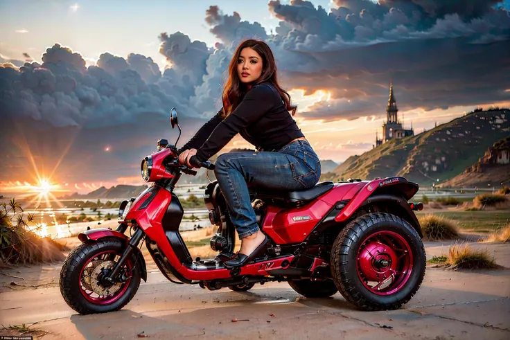 (masterpiece, best quality:1.2), ultra-detailed, woman leaning on magenta tricycle (realistic:1.7) <lora:Valencia_v1.1:0.5> <lora:BunnyMommy:0.6> <lora:EdobCar_v1.0:0.7>