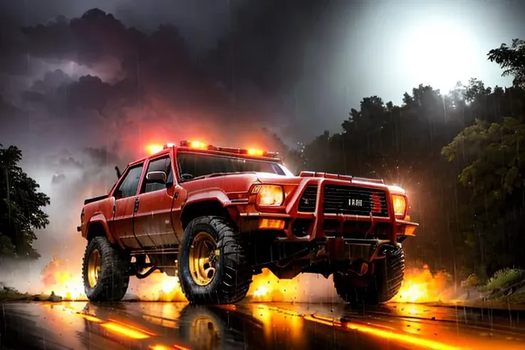 analog gloomy photo of a red Pantera car, <lora:p4nt3r4:0.9>, escaping through the jungle ((at night)), ((heavy rain)), ((nighttime)), splashing, skidding, high speed, sports photography, High Detail, Sharp focus, (photorealism), realistic, best quality, 8k, award winning, dramatic lighting, epic, cinematic, masterpiece, rim light, ambient fog:1.3, dutch angle, wide angle lens, skinny shutter, <lora:EdobCar_v1.0:0.6>