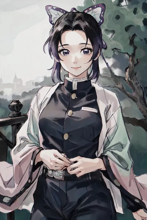 <lora:shanshui_v10:1> <lora:ShinobuLora:1>Shinobu, Shinobu Uniform, shinobu attire, cowboy shot,
(best quality, masterpiece, RAW photo,ultra-detailed:1.2), <lyco:GoodHands-beta2:1.0>,1girl,solo,looking at viewer,smile