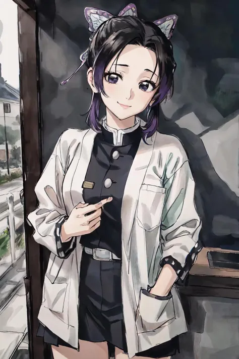 <lora:shanshui_v10:1> <lora:ShinobuLora:1>Shinobu, Shinobu Uniform, cowboy shot,
(best quality, masterpiece, RAW photo,ultra-detailed:1.2), <lyco:GoodHands-beta2:1.0>,1girl,solo,looking at viewer,smile