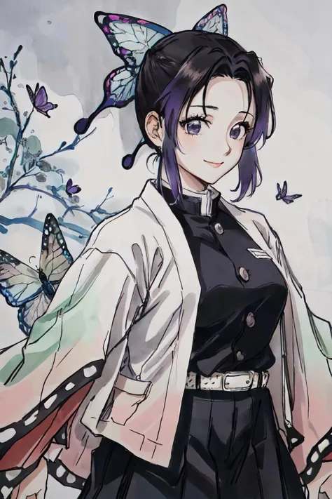 <lora:shanshui_v10:1> <lora:ShinobuLora:1>Shinobu, Shinobu Uniform, shinobu attire,butterfly,weapon,bug,jacket,short hair,hair ornament, wide sleeves, sword,
belt, skirt,
purple background,
(best quality, masterpiece, RAW photo,ultra-detailed:1.2), <lyco:GoodHands-beta2:1.0>,1girl,solo,looking at viewer,smile