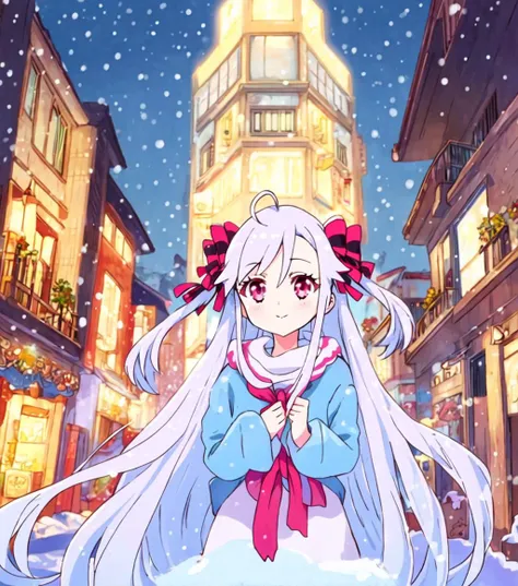 NiizumaYae short twintails; 1girl, solo,  light puple hair, clothes,  red bow, ribbon, cowboy shot, close to viewer, intricate details, fantasy, ahoge,
((town, snow, snow city, snowing:1.5),(1snowman:1.1),(residential area, street corner:1.3),(outdoors):0.7)
<lyco:worlddaistar-step-40000:1> <lora:animeoutlineV4_16:0.2>