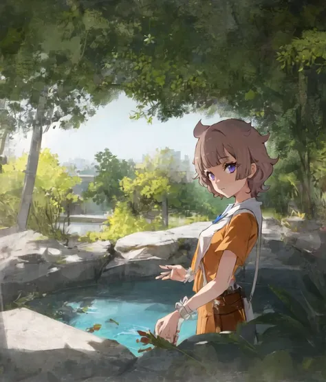 ((SasugaChisa; 1girl, solo;)) orange shirt, bangs, cowboy shot, beautiful  eyes, cinematic angle, close to viewer,
 BREAK
((river surrounded by trees:1.2),blue sky and cumulonimbus,(camping:1.3),(Riverside:1.3),(in shadow,arbor,light reflecting in the river,tree shade, sunbeams:1.5):0.4)
 <lyco:worlddaistar-step-40000:1>  <lora:animeoutlineV4_16:0.2> <lyco:GoodHands-beta2:1.0>