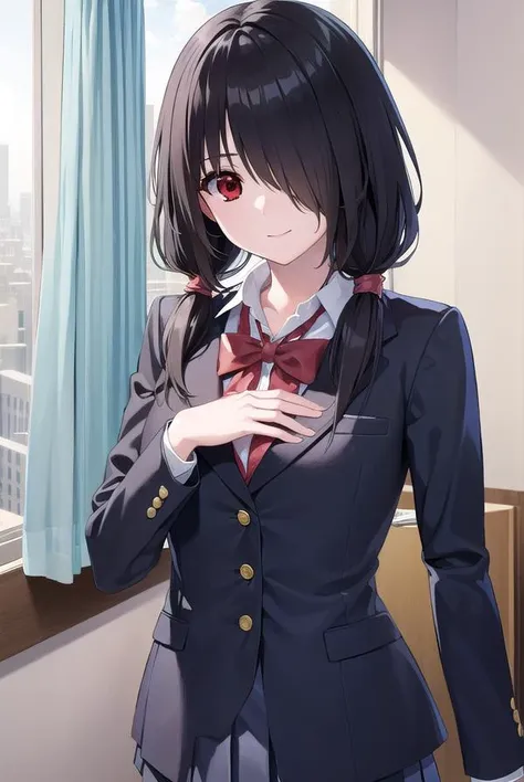 kurumitokisaki, <lyco:kurumitokisaki-lyco-nochekaiser:1>, 
tokisaki kurumi, clock eyes, black hair, low twintails, (hair over one eye:1.5), (red eyes:1.5), (small breast:1.3), smile,
BREAK school uniform, jacket, pantyhose, pleated skirt, black pantyhose,
BREAK indoors, classroom,
BREAK looking at viewer, (cowboy shot:1.5),
BREAK <lyco:GoodHands-beta2:1>, (masterpiece:1.2), best quality, high resolution, unity 8k wallpaper, (illustration:0.8), (beautiful detailed eyes:1.6), extremely detailed face, perfect lighting, extremely detailed CG, (perfect hands, perfect anatomy),