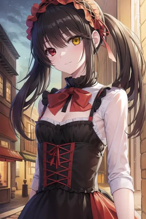 kurumitokisaki, <lyco:kurumitokisaki-lyco-nochekaiser:1>, 
tokisaki kurumi, clock eyes, black hair, twintails, (red eyes:1.5), (yellow eyes:1.5), (heterochromia:1.5), (small breast:1.3), smile, 
BREAK hairband, dress, bow, ribbon, (gothic fashion:1.5), gothic,
BREAK outdoors, city, night, sky, star \(sky\),
BREAK looking at viewer, (cowboy shot:1.5),
BREAK <lyco:GoodHands-beta2:1>, (masterpiece:1.2), best quality, high resolution, unity 8k wallpaper, (illustration:0.8), (beautiful detailed eyes:1.6), extremely detailed face, perfect lighting, extremely detailed CG, (perfect hands, perfect anatomy),