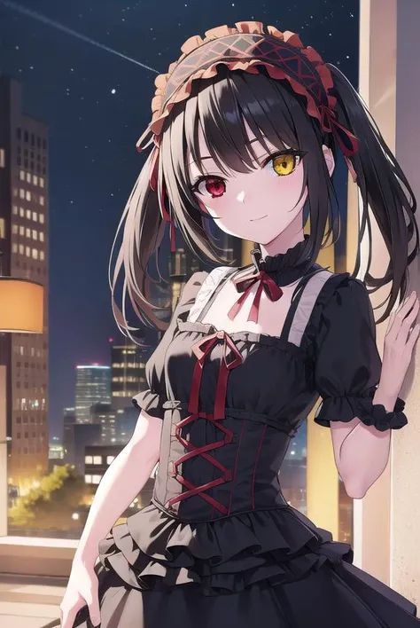 kurumitokisaki, <lyco:kurumitokisaki-lyco-nochekaiser:1>, 
tokisaki kurumi, clock eyes, black hair, twintails, (red eyes:1.5), (yellow eyes:1.5), (heterochromia:1.5), (small breast:1.3), smile, 
BREAK hairband, dress, bow, ribbon, (gothic fashion:1.5), gothic,
BREAK outdoors, city, night, sky, star \(sky\),
BREAK looking at viewer, (cowboy shot:1.5),
BREAK <lyco:GoodHands-beta2:1>, (masterpiece:1.2), best quality, high resolution, unity 8k wallpaper, (illustration:0.8), (beautiful detailed eyes:1.6), extremely detailed face, perfect lighting, extremely detailed CG, (perfect hands, perfect anatomy),