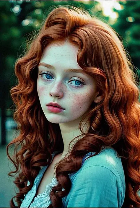 ginger, analog portrait photograph woman, shot on fujifilm, blue eyes, 50mm lens, long and curly hair<lora:ginger_v03:1>