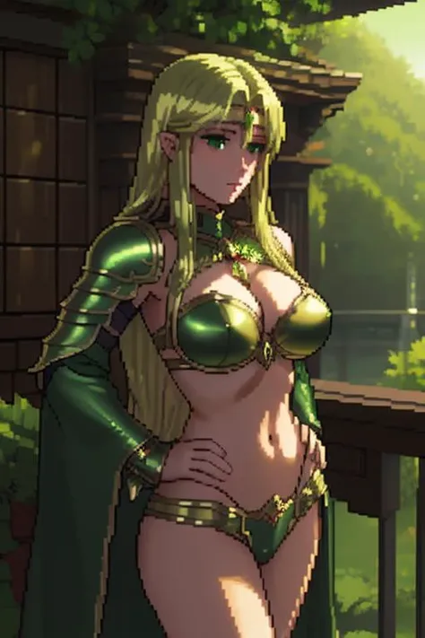 1woman, pixel art, masterpiece, cinematic lighting,  <lora:ElfWarriors:0.8>, beautiful BikiniElfGirl, green metal armor, (long blonde hair), hands on hips, athletic body, Caucasian,