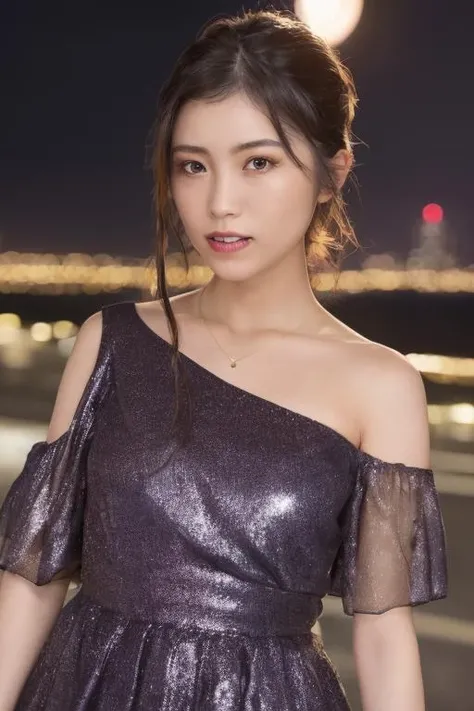 1girl, (wearing a glittery one-shoulder dress:1.4),(RAW photo, best quality), (realistic, photo-realistic:1.4), masterpiece, an extremely delicate and beautiful, extremely detailed, 2k wallpaper, Amazing, finely detail, extremely detailed CG unity 8k wallpaper, ultra-detailed, highres, soft light, beautiful detailed girl, extremely detailed eyes and face, beautiful detailed nose, beautiful detailed eyes,(cinematic lighting:0.8),(in the city at night:2.0),(night city view:2.0),perfect anatomy,slender body,laugh,(young girl:1.8),(upper body:2.0),(look at viewer),(front view:1.8),cinematic angle,(cleavage:1.4),(wavy long hair),(brown eyes:1.6), <lora:ishiharakaori_lora-04:0.8>