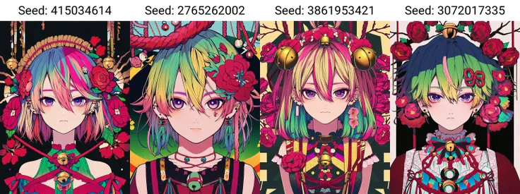 (masterpiece, best quality), (solo, 1girl), (blonde hair, pink hair, green hair, gradient hair, short hair, hair between eyes, hair flower, hair ornament), (multicolored eyes, purple eyes, looking at viewer), (flower, red flower, rope, bell), closed mouth, bangs, piercing, ear piercing, jewelry, earrings, jingle bell, branch,