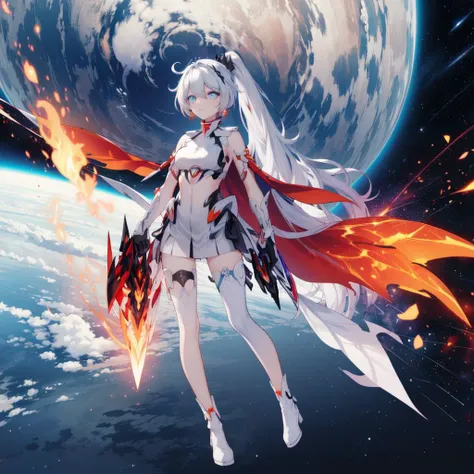 <lora:kiana2:1>kiana kaslana,kiana kaslana \\\(herrscher of flamescion\\\),ponytail,white thigh boots,white armor,orange earrings,torn cape,black hair ornament,gauntlets,blue eyes,white thighhighs, big sword slash, full body, outer space
