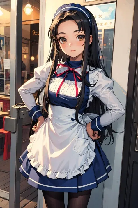 masterpiece,best quality,highres,ultra-detailed,tsuruya,maid headdress,long hair,maid,dress,waitress,long sleeves,apron,blue skirt,black pantyhose,<lora:tsuruya:0.8>,outdoor, on the door of a cafe,standing,cowboy shot,smile, waiting customer