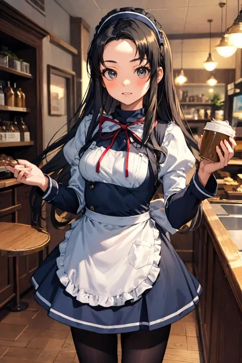 masterpiece,best quality,highres,ultra-detailed,tsuruya,maid headdress,long hair,maid,dress,waitress,long sleeves,apron,blue skirt,black pantyhose,<lora:tsuruya:0.8>,indoors,cafe,standing,cowboy shot,smile,