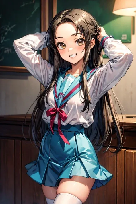 masterpiece,best quality,highres,ultra-detailed,tsuruya,long hair,kita high school uniform,serafuku,blue sailor collar,red ribbon,white shirt,long sleeves,blue skirt,socks,white socks,loafers<lora:tsuruya:0.8>, <lora:add_detail:1>, X arms, grin,
