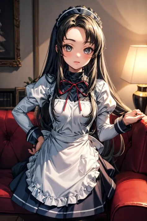 masterpiece,best quality,highres,ultra-detailed, tsuruya,maid headdress,long hair,maid,dress,waitress,long sleeves,apron,blue skirt,black pantyhose, <lora:tsuruya:0.8>, <lora:add_detail:1>,
smile, indoor, living room, couch