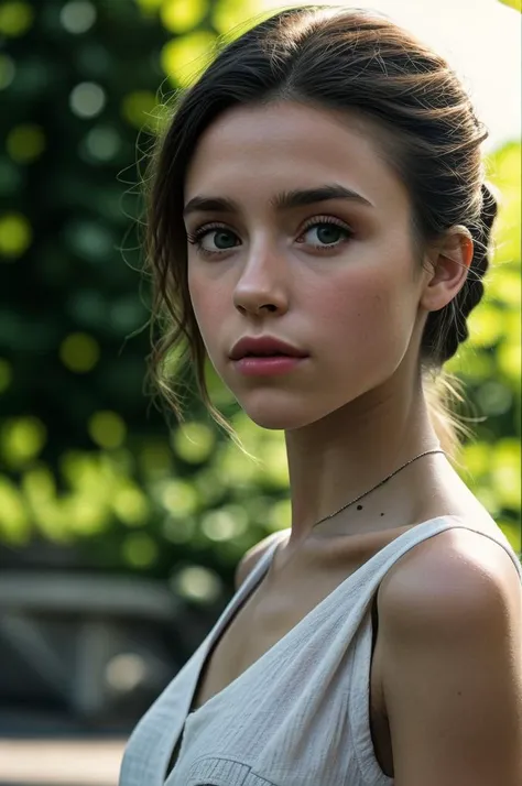 a close up of a woman with a necklace on her neck