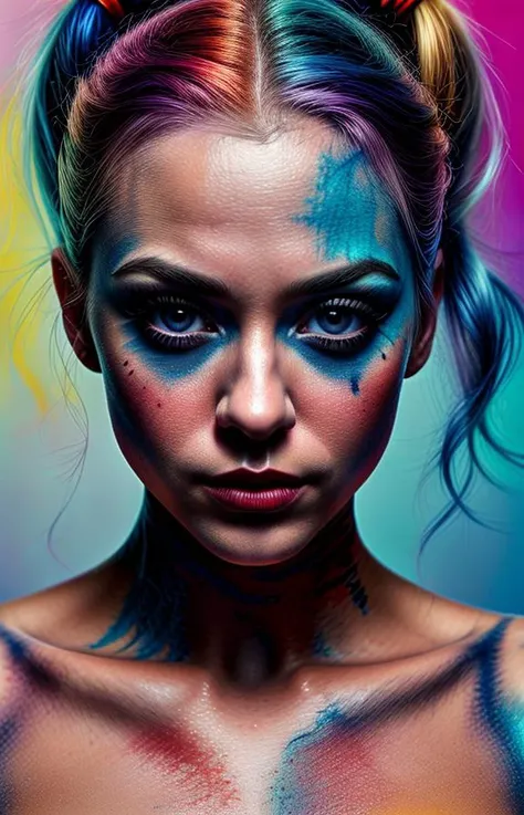 extreme closeup of a woman with colorful paint on his face, a digital painting, inspired by René Auberjonois, behance contest winner, mesmerizing blue eyes, name is Harley Quinn, (DEN_setaya_SG), vibrant eyes, (with extremely detailed skin and round eyes with extremely detailed pupils and irises and parted lips), the album is called Harley Quinn, perfect coloring, imagine fx, detailed art in color, aura jared and wires, ryan gosling, solid coloring <lora:PotatEnhancer_V1_6:0.55> <lora:difConsistency_detail:0.25> <lora:more_details:0.45> <lora:speedy1p5:1.15>