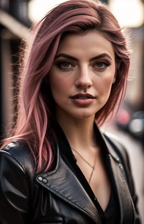 a woman with pink hair and a black jacket on