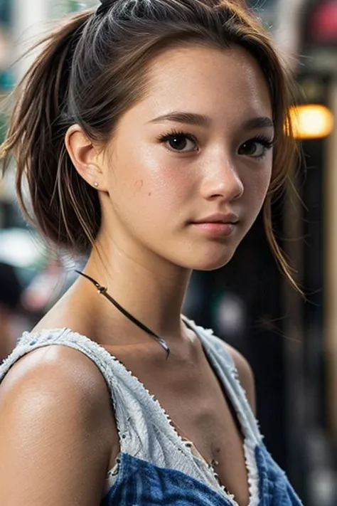 a close up of a woman with a necklace on her neck