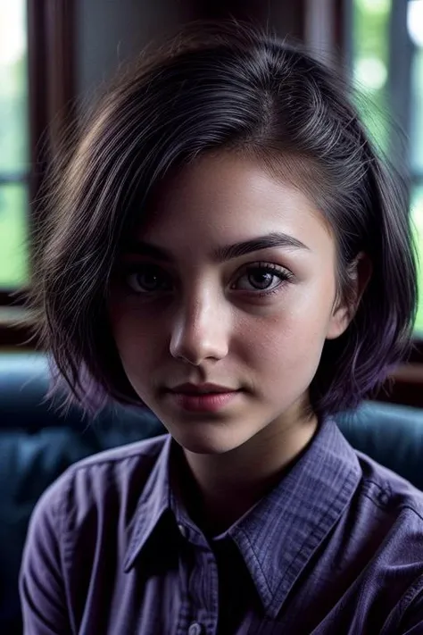 (a happy 19 years old woman (miiimooon-250:0.95)) (with extremely detailed skin and round eyes with extremely detailed pupils and irises and purple hair long curly brown hair) (wearing a indigo collared shirt exploring life dormitory) (candid poorly lit poorly exposed poorly composed low-quality vacation closeup photo in phst artstyle) (and that is capturing the moment with intrinsic lighting and dynamic angles) (that has been poorly shot with Nikon D810 Danubia vintage lens) by an amateur storm thorgerson) (and uploaded to Facebook on 23.09.2013) (and taking a selfie while looking into the camera) (in couch with a clear blue sky at noon), [dimmed colors : vibrant color splashes : 16], abcdefghijklmnopqrstuvwxyz, (intricate details:0.5) <lora:more_details:0.45> <lora:difConsistency_detail:0.25> <lora:speedy1p5:1>
