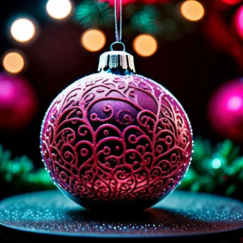 (coralbug red christmas ornament) sitting on top of a table, emitting light ornaments, ornament, bokeh in the background only, bokeh photograph, decorated ornaments, bokeh photo, bokeh photography, profile pic, beautiful blue lights, media photo, glittering silver ornaments, decorations, christmas night, glass ball, beautifulâ, coralbug Christmas tree background, ornaments, hyper detailed ornament, holiday, abcdefghijklmnopqrstuvwxyz <lora:coralbug:1.125> <lora:speedy1p5:1.00>