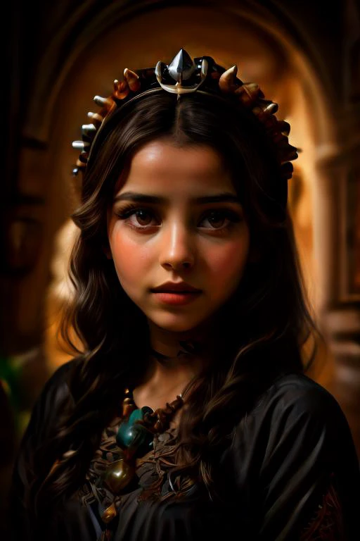 a close up of a young girl wearing a crown of spikes