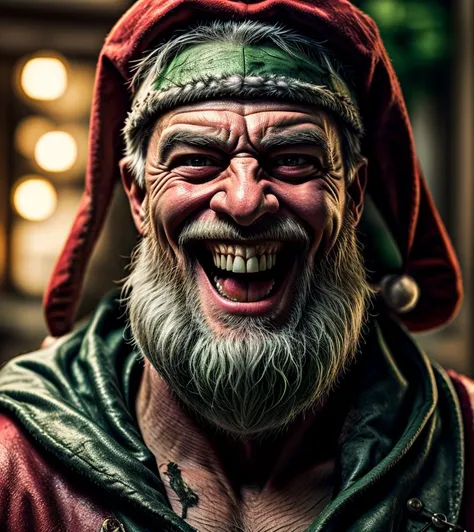 a portrait of a sad (Santa Claus) laughing, (((laughter))) wearing a Santa Claus green outfit, bright green eye, toxic, muscle, overlord god, elder, a man with a big smile on his face, horrific digital art, muscular bald man, showing anger, very sharp and detailed image, an overlord ancient male bearded face, perfect face template, open mouth, pain, bitter, grimgar, normal physique, human-animal hybrid, an 80 year old man, bryce 3 d, epic realistic, faded, (((hdr))), hyperdetailed, cinematic, warm lights, intricate details <lora:more_details_2:0.45> <lora:difConsistency_detail:0.25> <lora:speedy1p5:1>