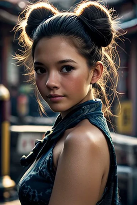 a close up of a woman with a ponytail in a city